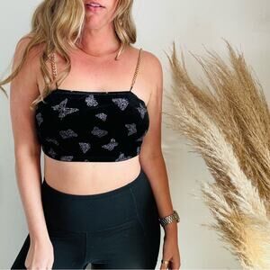SHEIN Black Velvet Silver Butterfly Gold Chain Straps Tank Tube Crop Top Shirt M